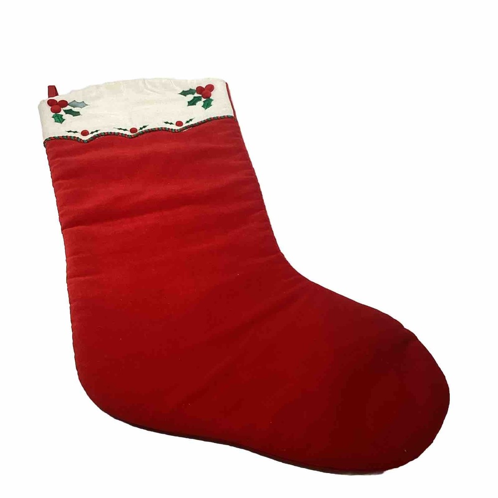 Christmas Classic STOCKING RED VELVET LINED HOLLY Berries 16"